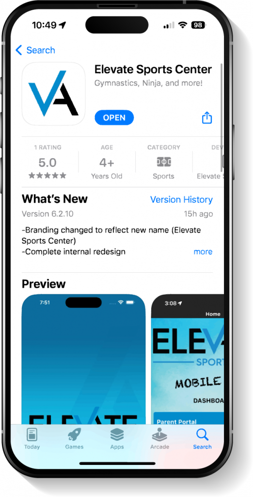 Elevate Sports Center app in an app store on a smartphone screen, showing a 5-star rating, app details, and previews with the mobile dashboard and parent portal options.