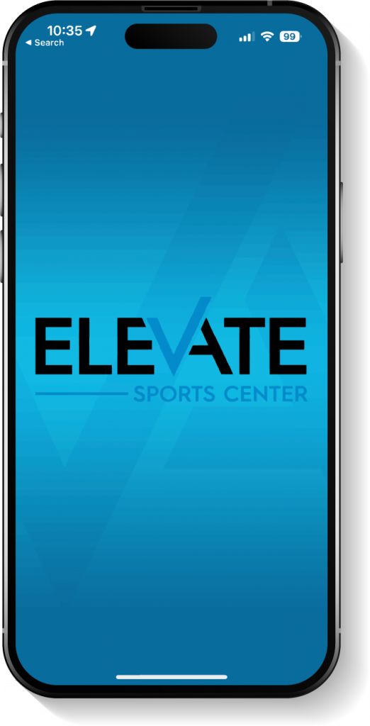 Download screen of the Elevate Gymnastics mobile app for parent portal on a smartphone, featuring the Elevate Sports Center logo on a blue background.